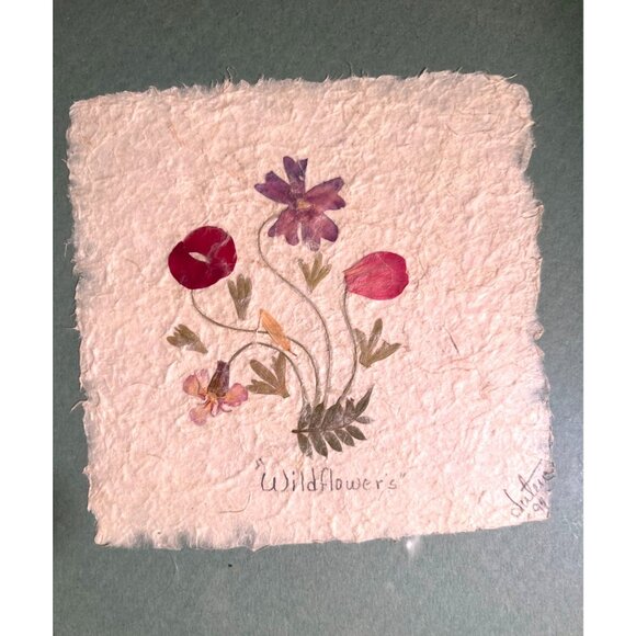 Light Wooden Framed Light Green Mat Pressed Flower Art "Wildflowers" Signed By S - Picture 3 of 6